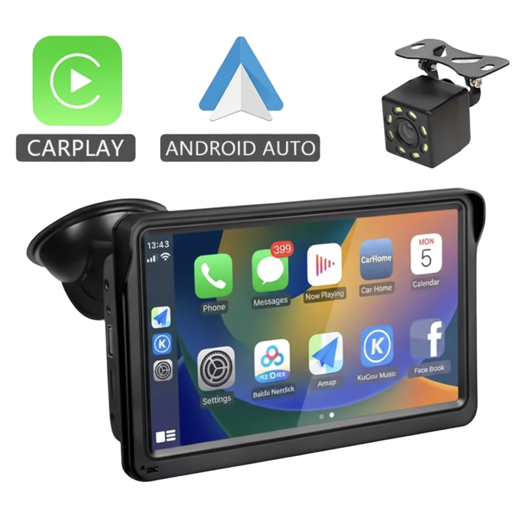 Car navigation system with screen displaying app icons, CarPlay and Android Auto logos, and a rearview camera.